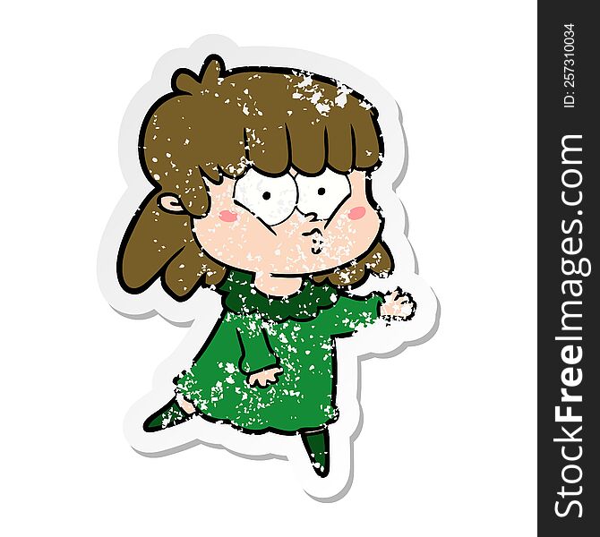Distressed Sticker Of A Cartoon Whistling Girl