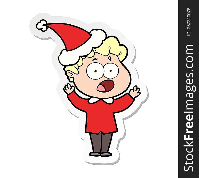 hand drawn sticker cartoon of a man gasping in surprise wearing santa hat