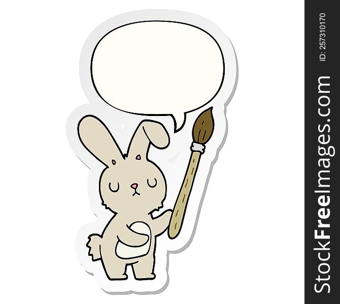 cartoon rabbit with paint brush with speech bubble sticker. cartoon rabbit with paint brush with speech bubble sticker