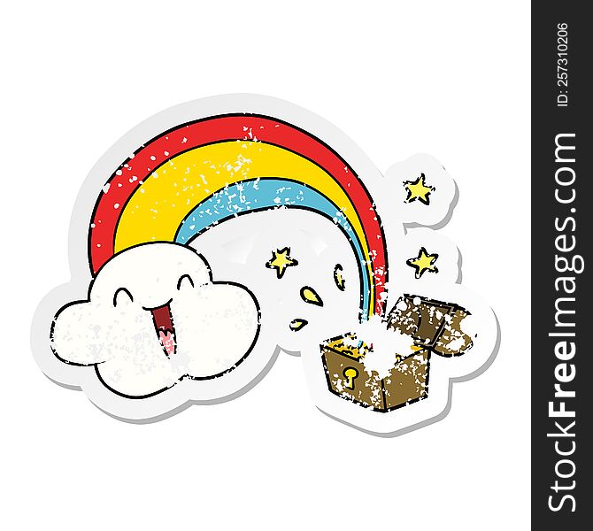 Distressed Sticker Of A Cartoon Rainbow And Pot Of Gold