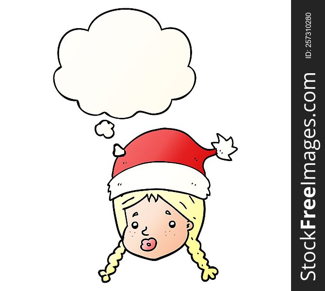 cartoon girl wearing christmas hat with thought bubble in smooth gradient style