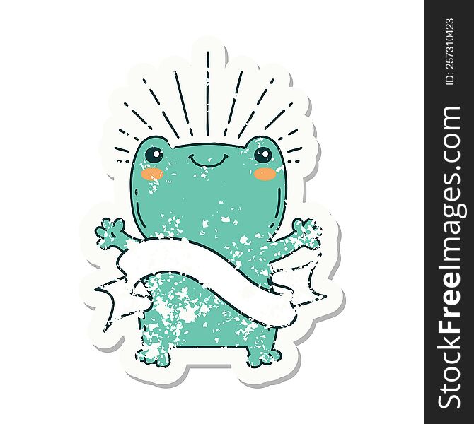 worn old sticker of a tattoo style happy frog. worn old sticker of a tattoo style happy frog
