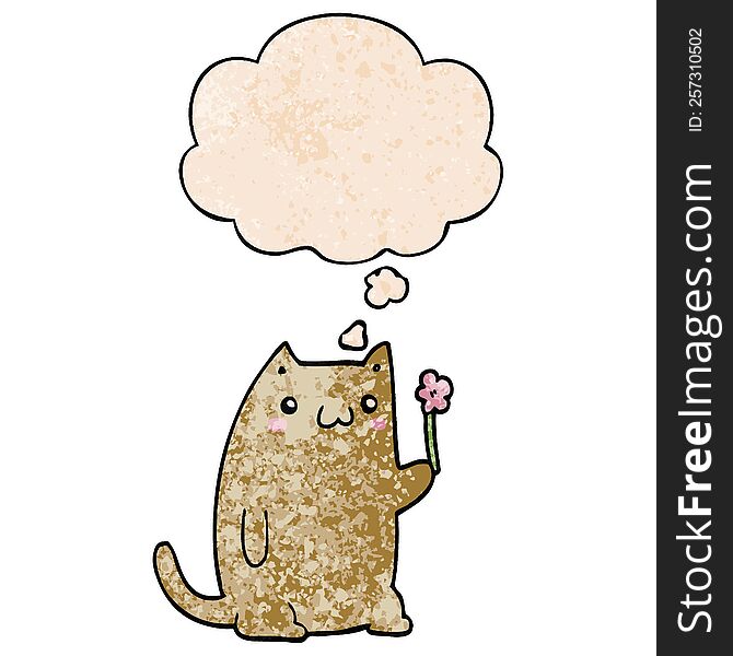 cute cartoon cat with flower with thought bubble in grunge texture style. cute cartoon cat with flower with thought bubble in grunge texture style