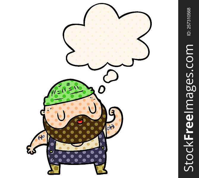 cartoon dock worker with thought bubble in comic book style