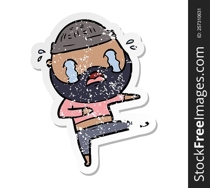 distressed sticker of a cartoon bearded dancer crying