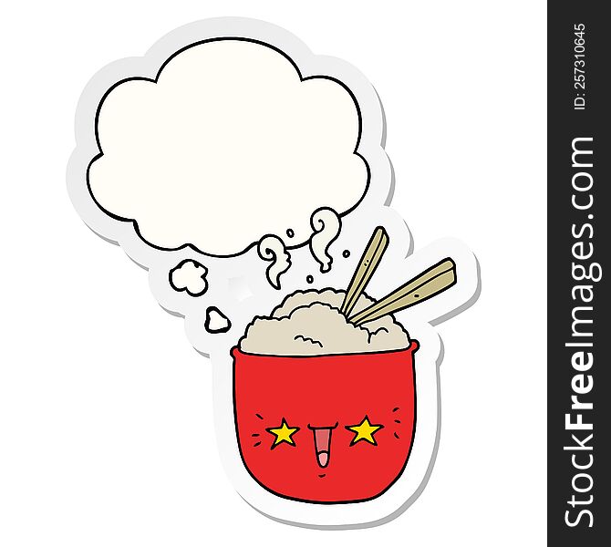 Cartoon Rice Bowl With Face And Thought Bubble As A Printed Sticker