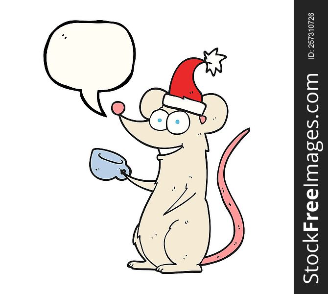 Speech Bubble Cartoon Mouse Wearing Christmas Hat