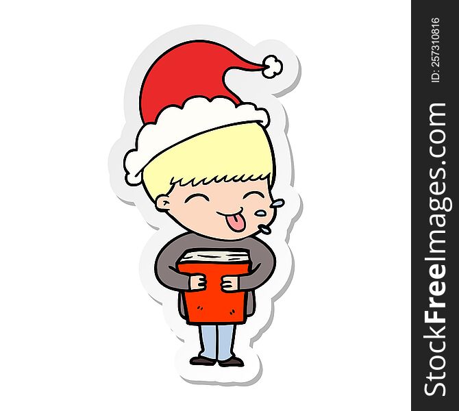 Sticker Cartoon Of A Boy Wearing Santa Hat