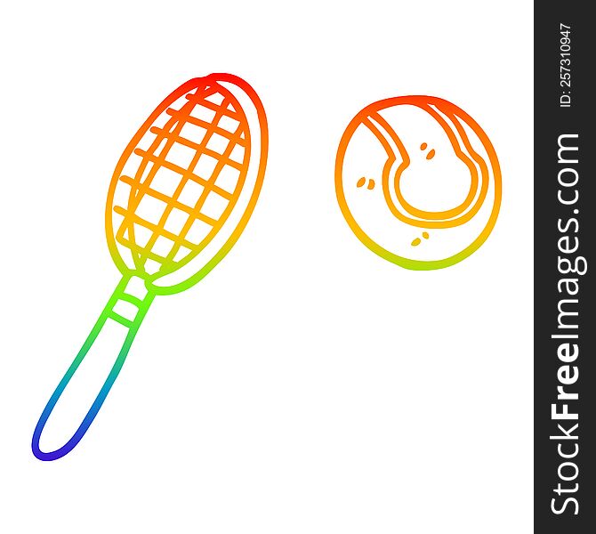 rainbow gradient line drawing of a cartoon tennis racket and ball