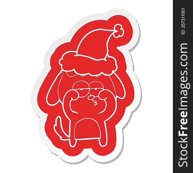 quirky cartoon  sticker of a tired dog wearing santa hat