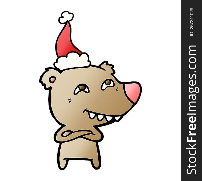 hand drawn gradient cartoon of a bear showing teeth wearing santa hat
