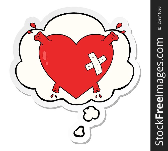 cartoon heart squirting blood with thought bubble as a printed sticker