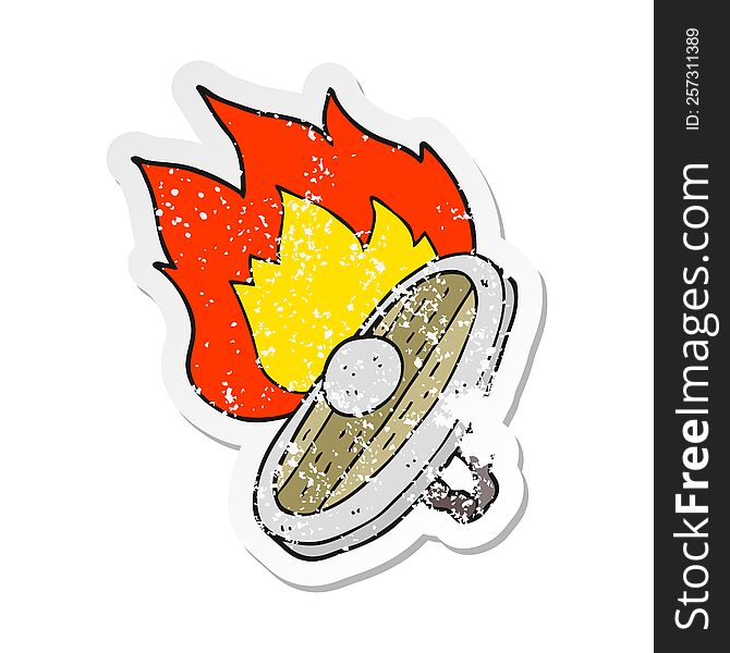 retro distressed sticker of a cartoon shield burning