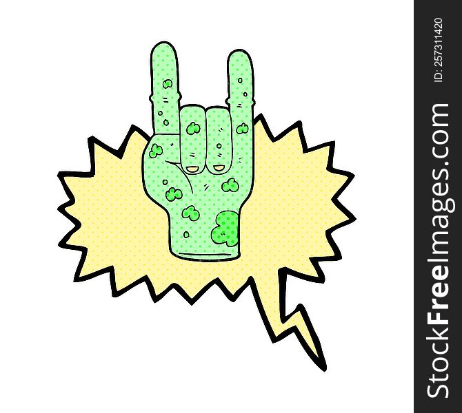 freehand drawn comic book speech bubble cartoon zombie hand making horn sign