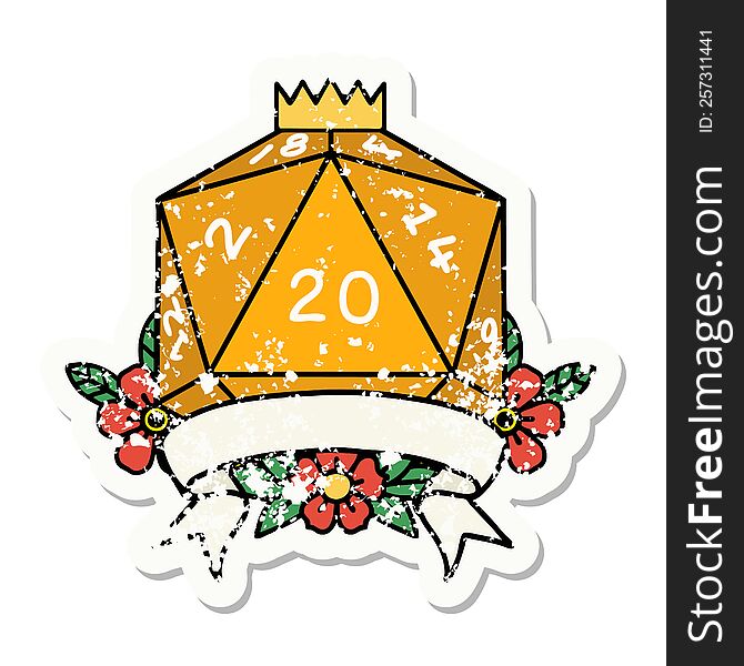 Natural 20 Critical Hit D20 Dice Roll Grunge Sticker