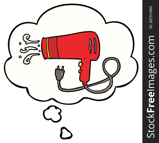 cartoon electric hairdryer with thought bubble