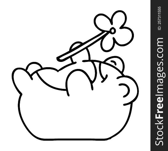 line doodle of a happy frog with a flower. line doodle of a happy frog with a flower