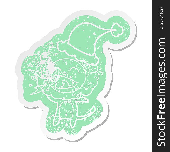 Cartoon Distressed Sticker Of A Roaring Lion Wearing Santa Hat
