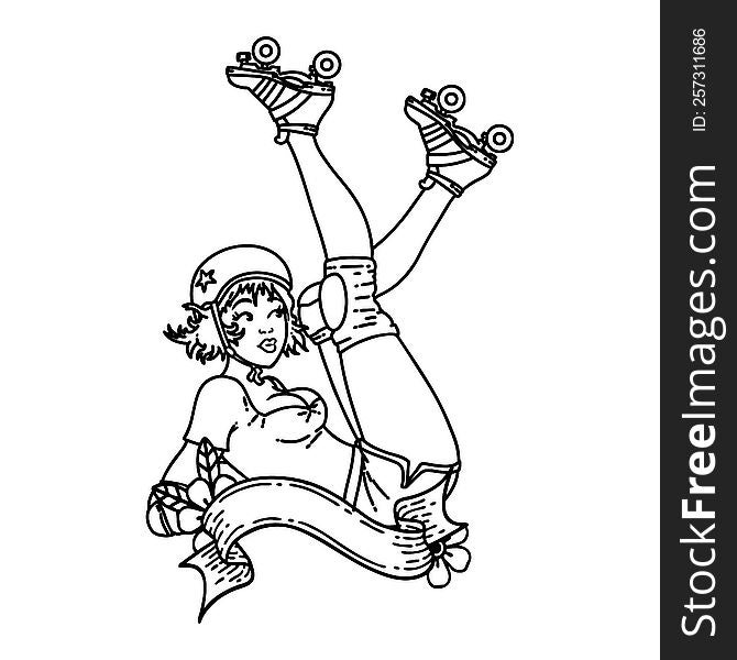 black line tattoo of a pinup roller derby girl with banner