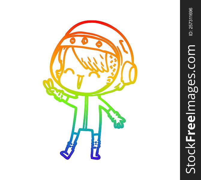 rainbow gradient line drawing of a happy cartoon space girl giving peace sign