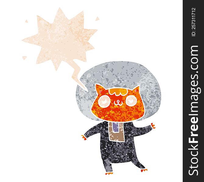 Cartoon Space Cat And Speech Bubble In Retro Textured Style