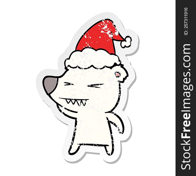 Angry Polar Bear Distressed Sticker Cartoon Of A Wearing Santa Hat