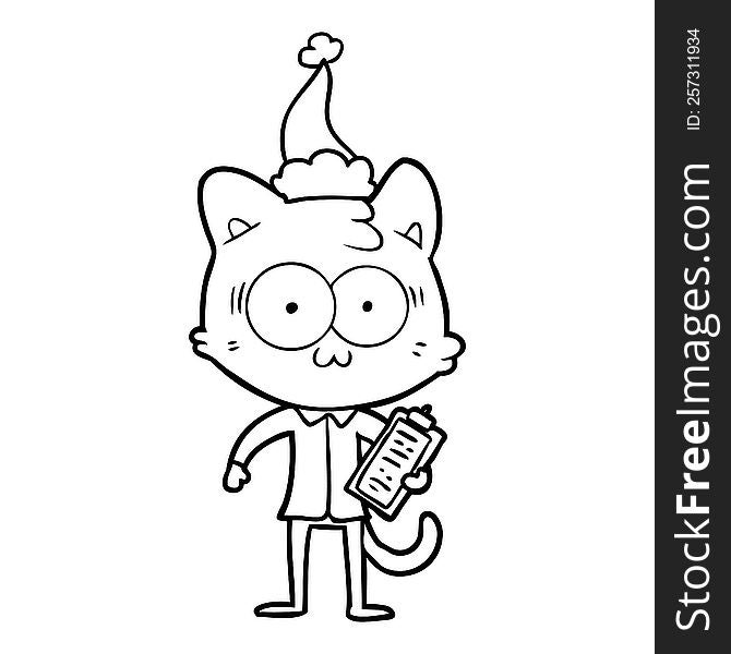 hand drawn line drawing of a surprised office worker cat wearing santa hat