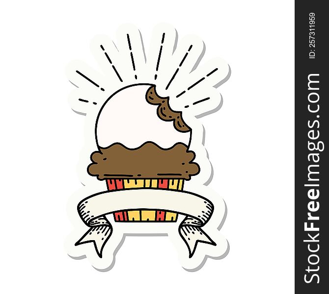 sticker of a tattoo style cupcake with missing bite