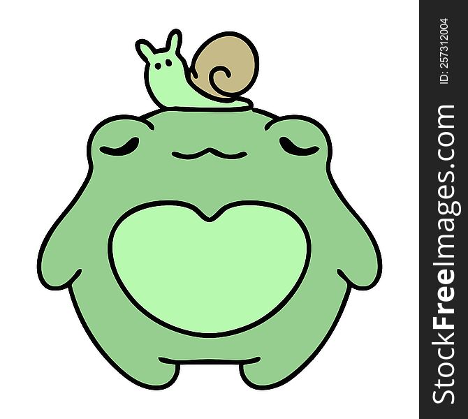 cartoon of a happy frog with a snail on its head. cartoon of a happy frog with a snail on its head