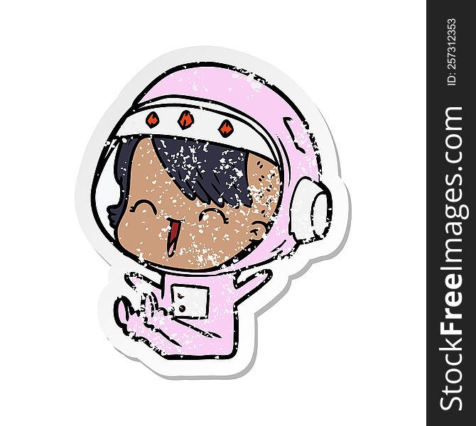 Distressed Sticker Of A Happy Cartoon Space Girl