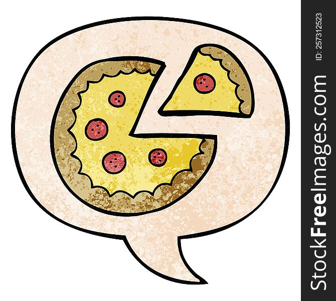 cartoon pizza with speech bubble in retro texture style