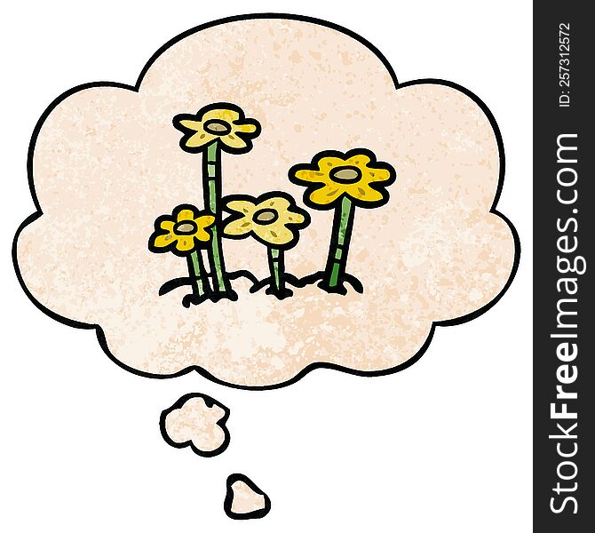 cartoon flowers with thought bubble in grunge texture style. cartoon flowers with thought bubble in grunge texture style