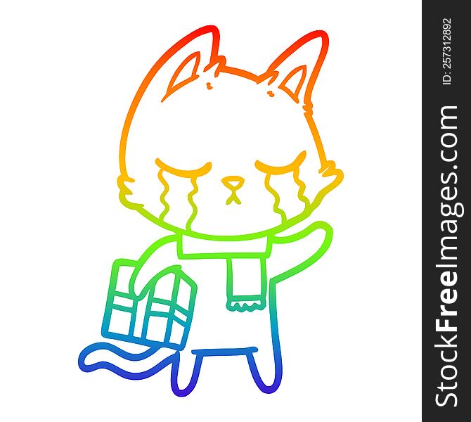 rainbow gradient line drawing of a crying cartoon cat holding christmas present