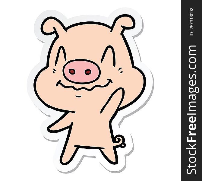 Sticker Of A Nervous Cartoon Pig Waving