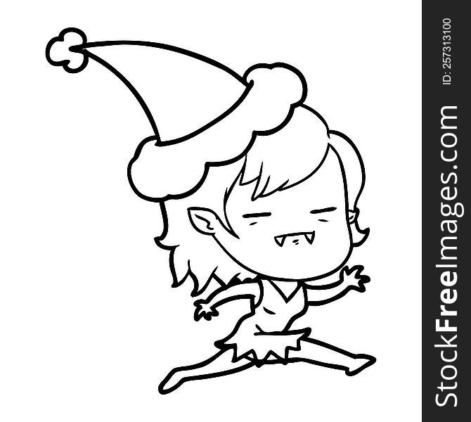 hand drawn line drawing of a undead vampire girl wearing santa hat