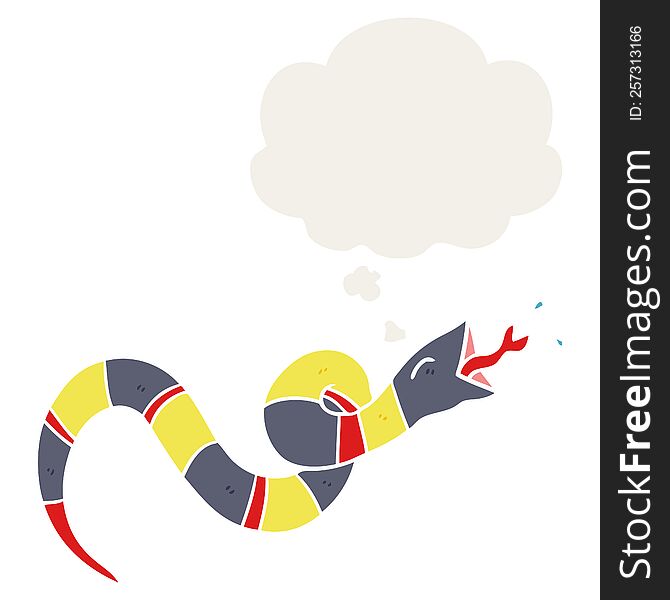 cartoon hissing snake with thought bubble in retro style