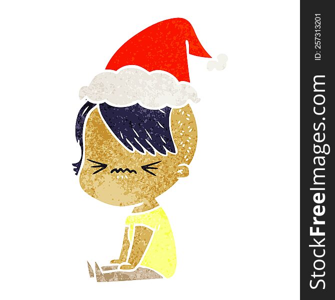 Retro Cartoon Of A Annoyed Hipster Girl Wearing Santa Hat