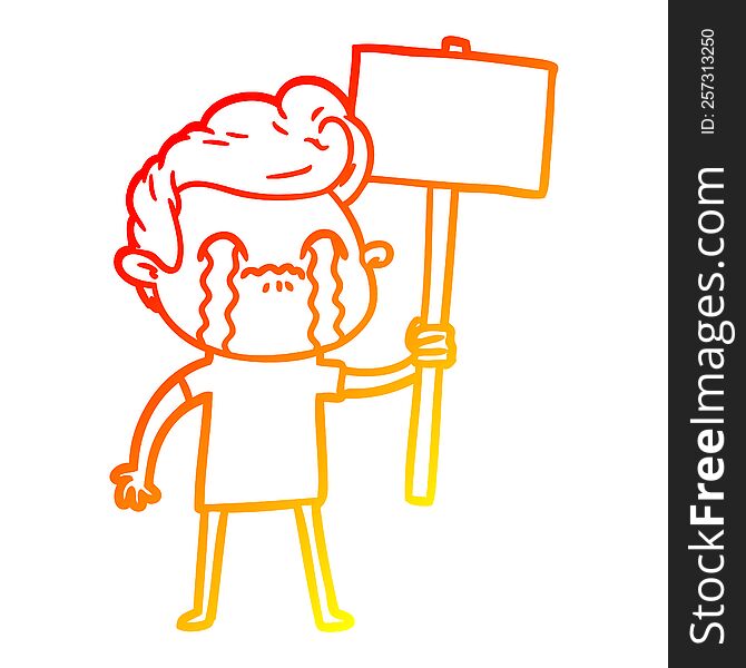 warm gradient line drawing of a cartoon man crying holding sign