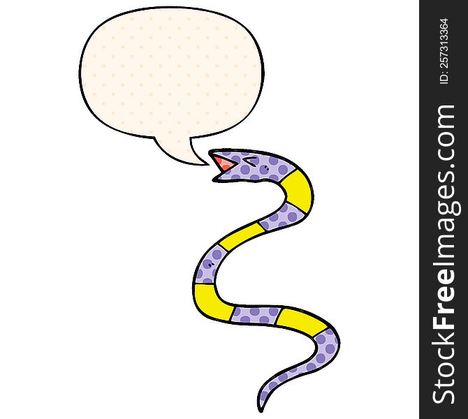hissing cartoon snake with speech bubble in comic book style