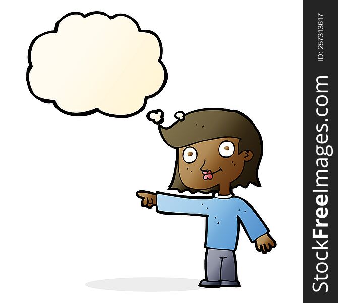 cartoon pointing person with thought bubble