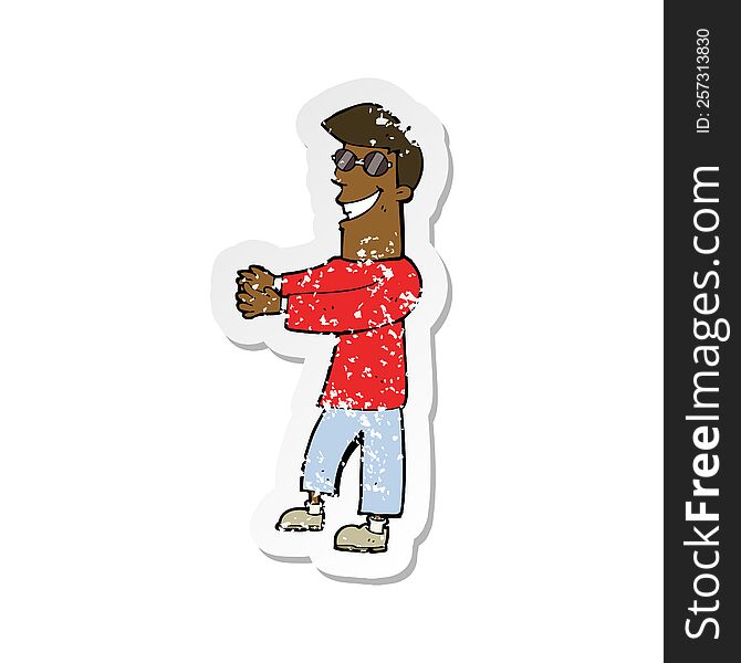 retro distressed sticker of a cartoon grinning man wearing glasses