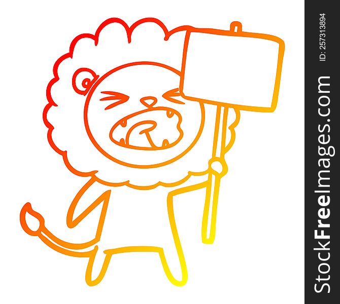 Warm Gradient Line Drawing Cartoon Lion With Protest Sign