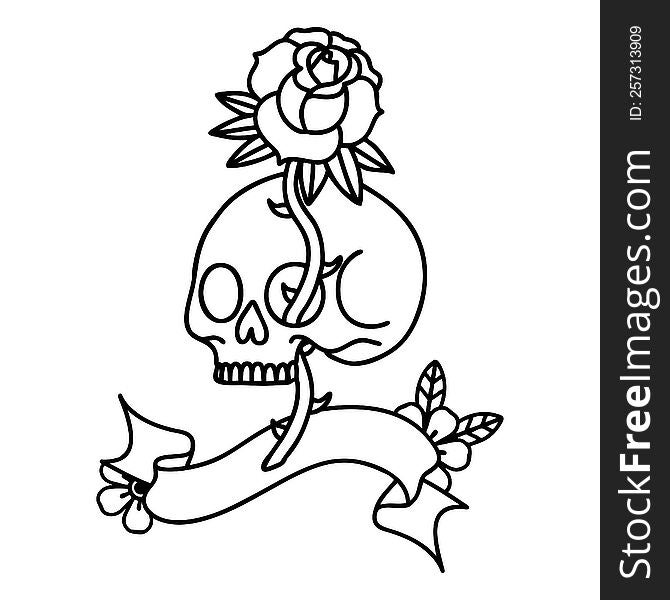 Black Linework Tattoo With Banner Of A Skull And Rose