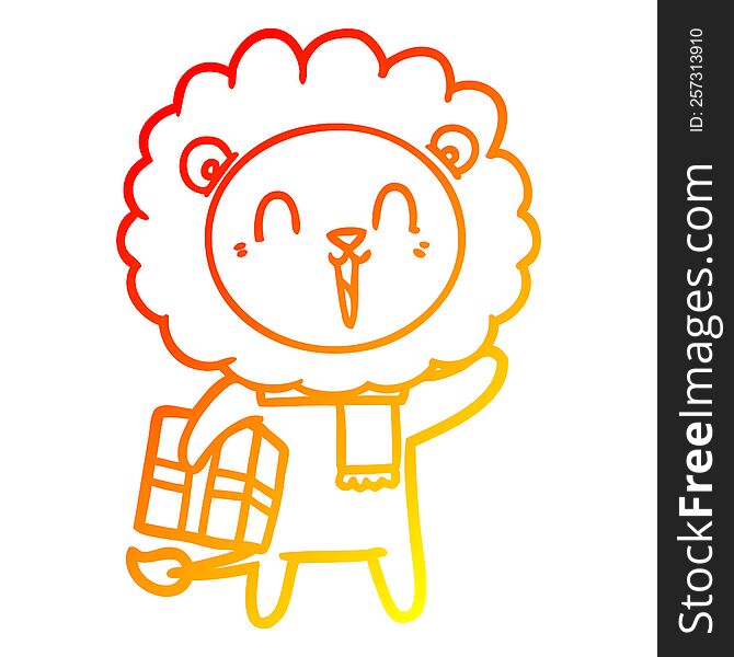 Warm Gradient Line Drawing Laughing Lion Cartoon With Christmas Present