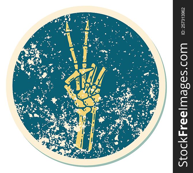 iconic distressed sticker tattoo style image of a skeleton giving a peace sign. iconic distressed sticker tattoo style image of a skeleton giving a peace sign