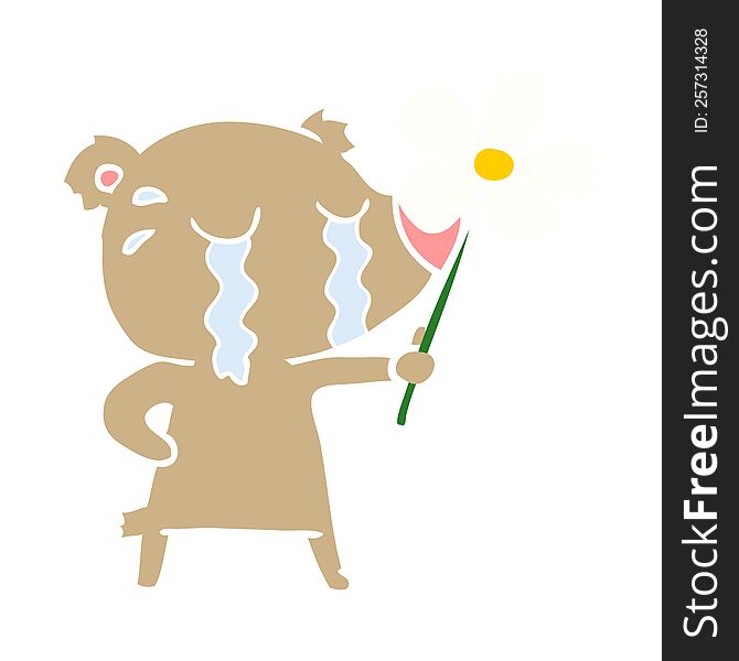 Flat Color Style Cartoon Crying Bear With Flower