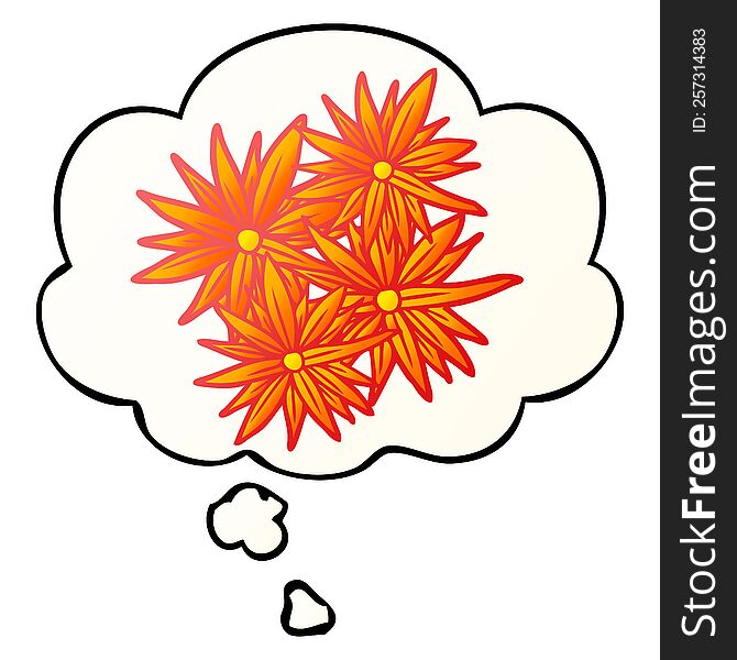 Cartoon Bright Flowers And Thought Bubble In Smooth Gradient Style