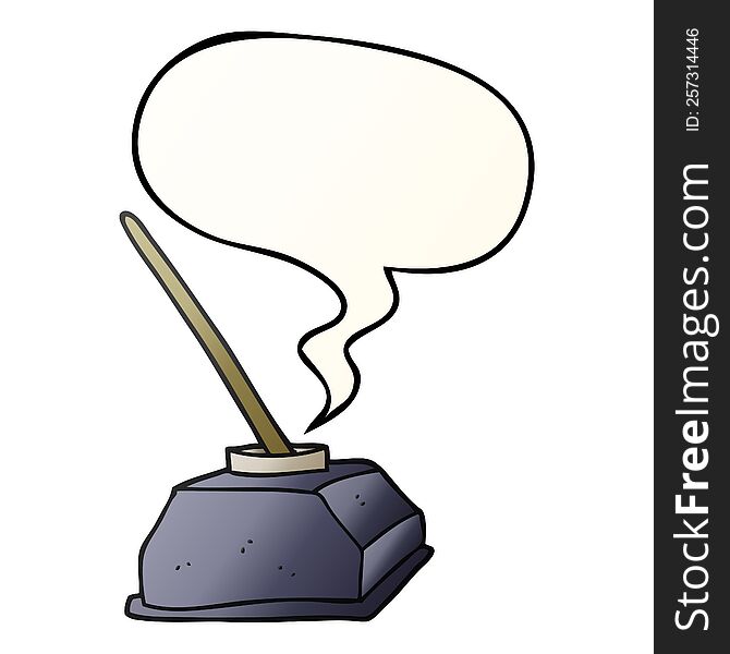 cartoon old ink pot and pen and speech bubble in smooth gradient style