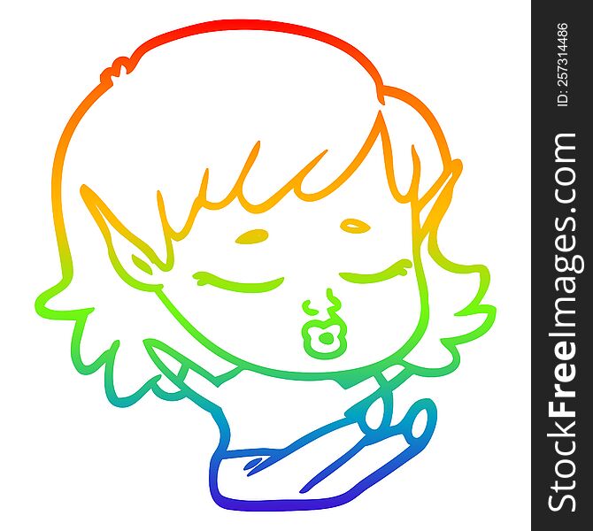 rainbow gradient line drawing of a pretty cartoon elf girl sitting
