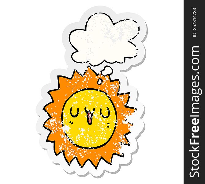 cartoon sun with thought bubble as a distressed worn sticker